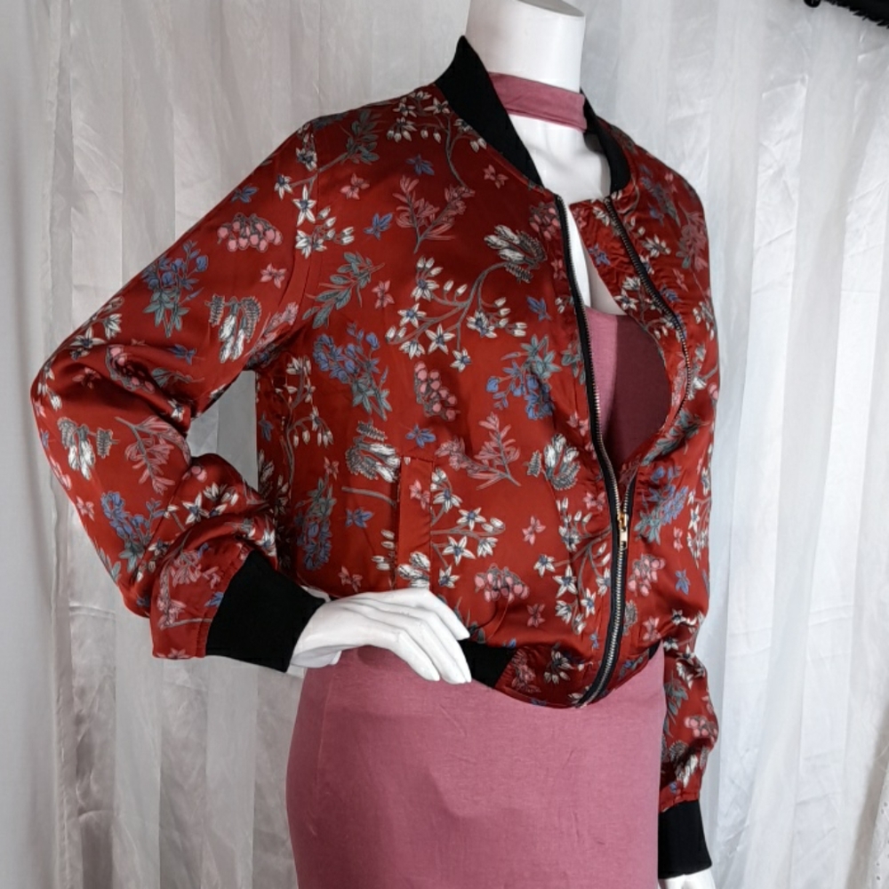 Floral Burgundy Lightweight Bomber Zipper Jacket - Picture 3 of 9